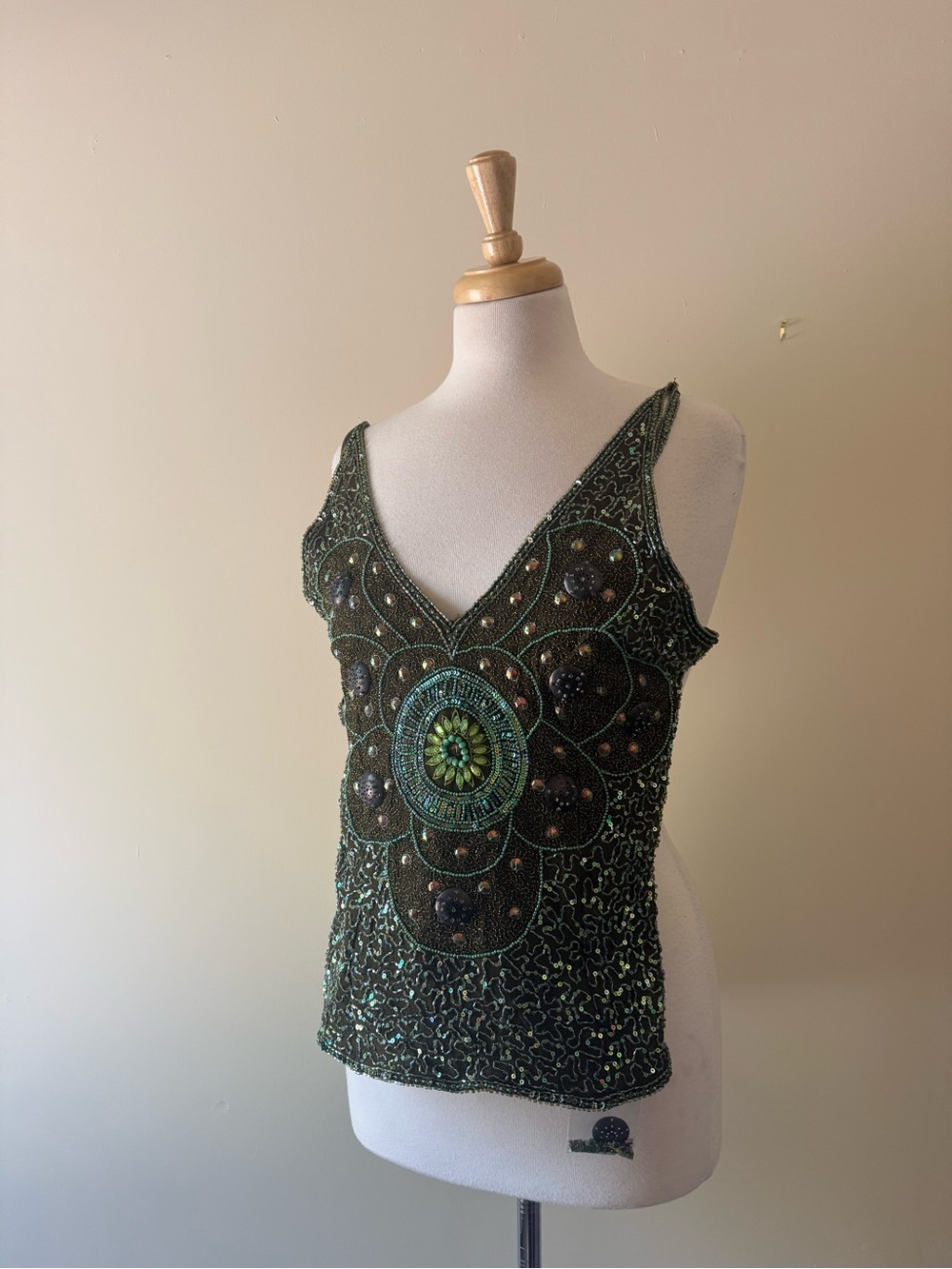 Silk Hand Beaded Olive & Teal Floral Camisole | NWOT